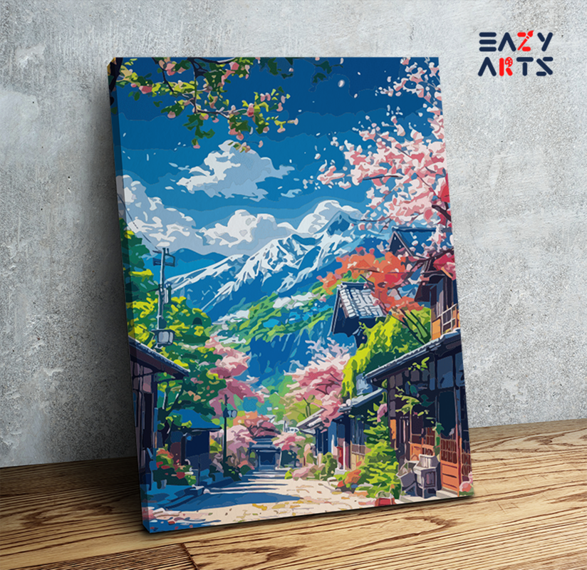 Cherry Blossom Village with Mountain View Paint by Numbers Kit