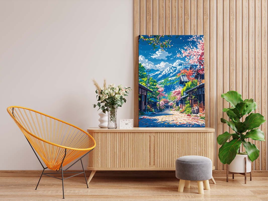 Cherry Blossom Village with Mountain View Paint by Numbers Kit