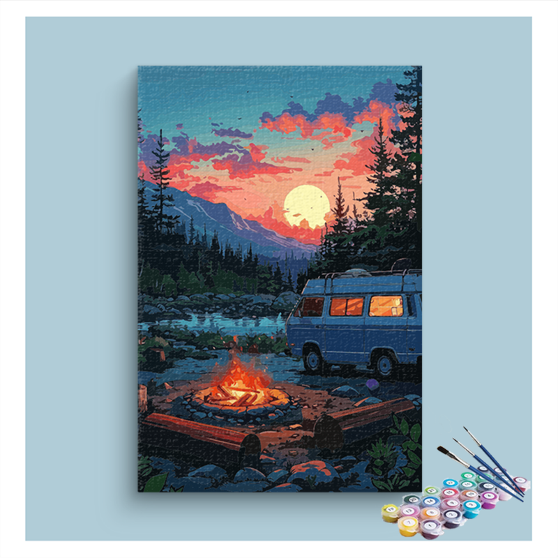 Sunset Campfire Adventure: Scenic Camping Paint by Numbers Kit