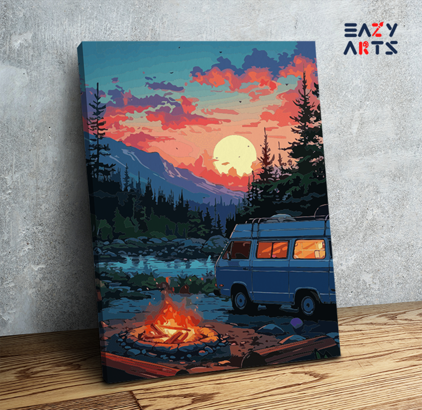 Sunset Campfire Adventure: Scenic Camping Paint by Numbers Kit