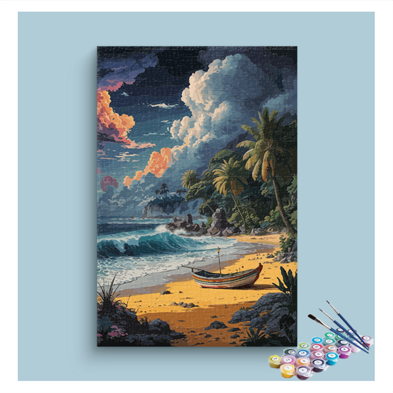 Tropical Beach with Boat Paint by Numbers Kit