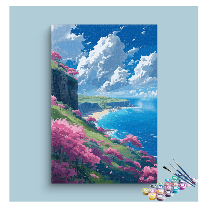 Pink Blossom Cliffs by the Sea Paint by Numbers Kit