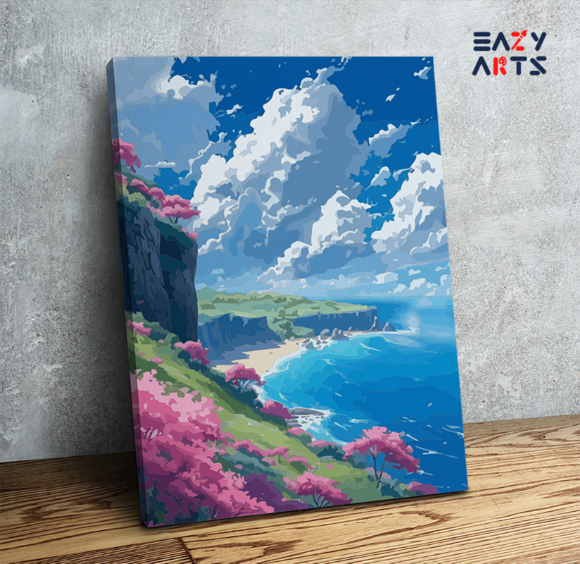 Pink Blossom Cliffs by the Sea Paint by Numbers Kit