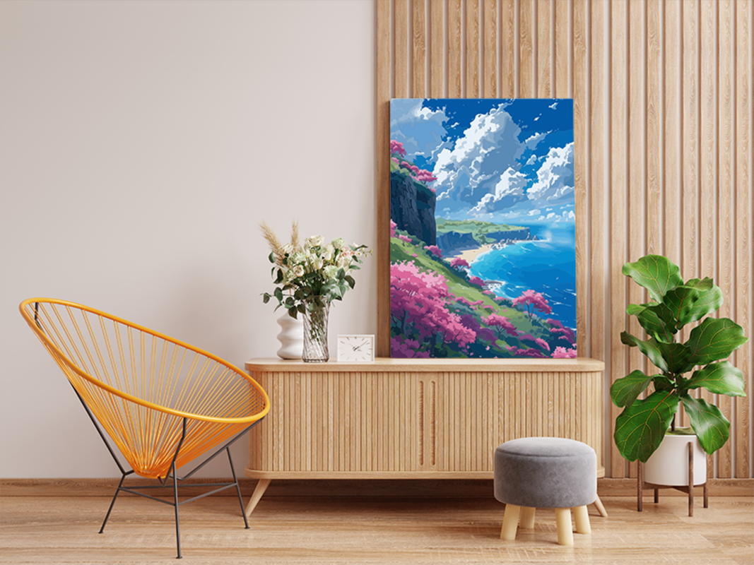 Pink Blossom Cliffs by the Sea Paint by Numbers Kit