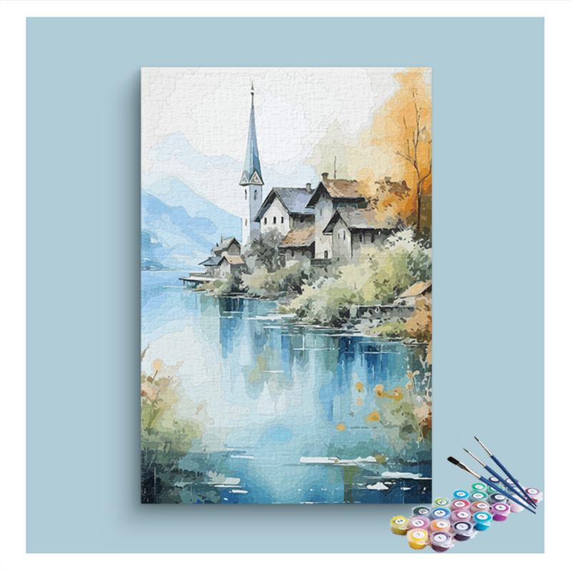 Serene Lakeside Village Paint by Numbers Kit