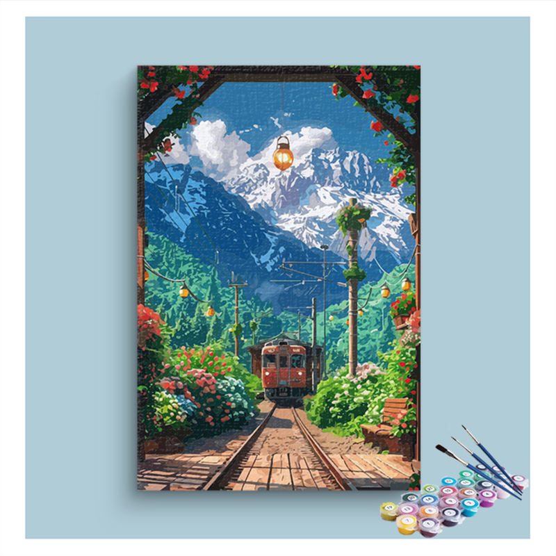 Mountain Train Station Paint by Numbers Kit