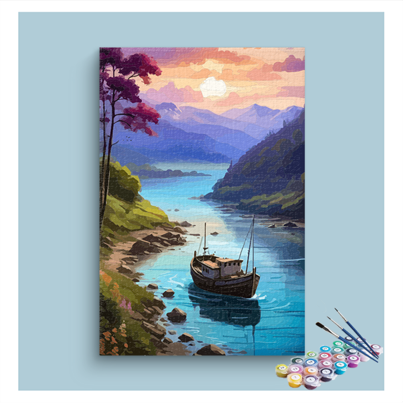 Serene Boat on a Tranquil River Paint by Numbers Kit