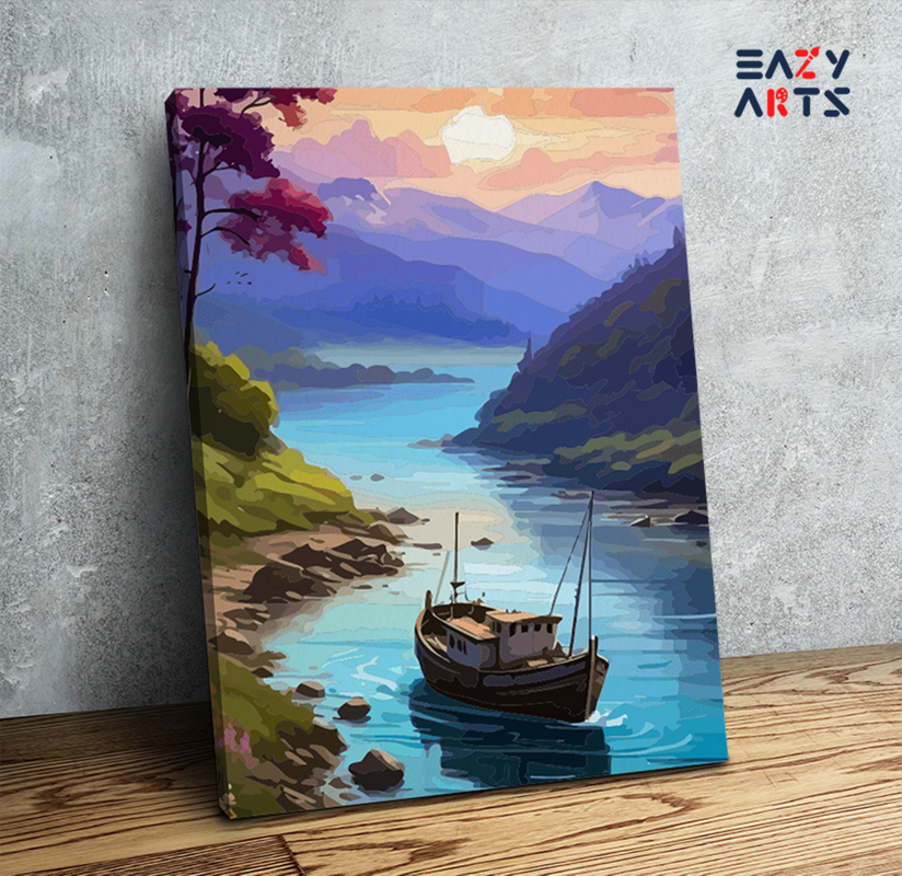 Serene Boat on a Tranquil River Paint by Numbers Kit
