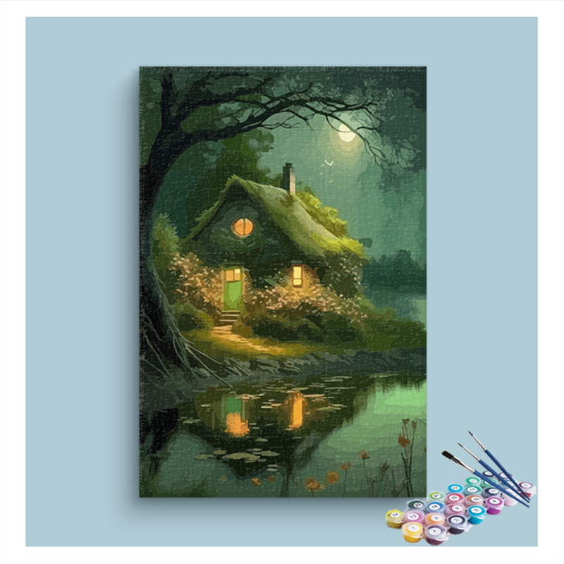 Moonlit Cottage by the Lake Paint by Numbers Kit