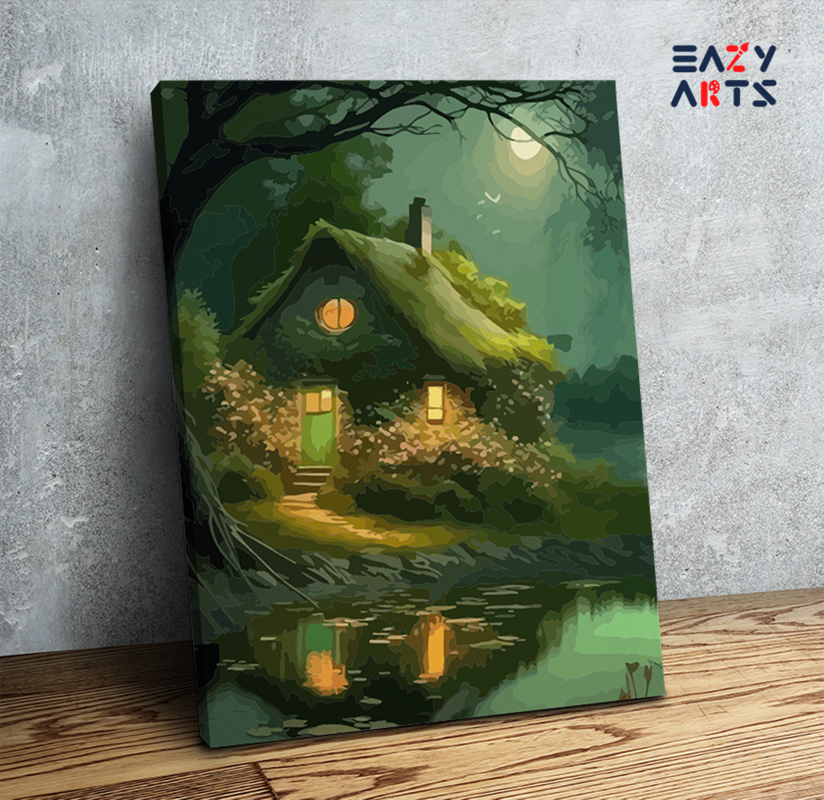 Moonlit Cottage by the Lake Paint by Numbers Kit