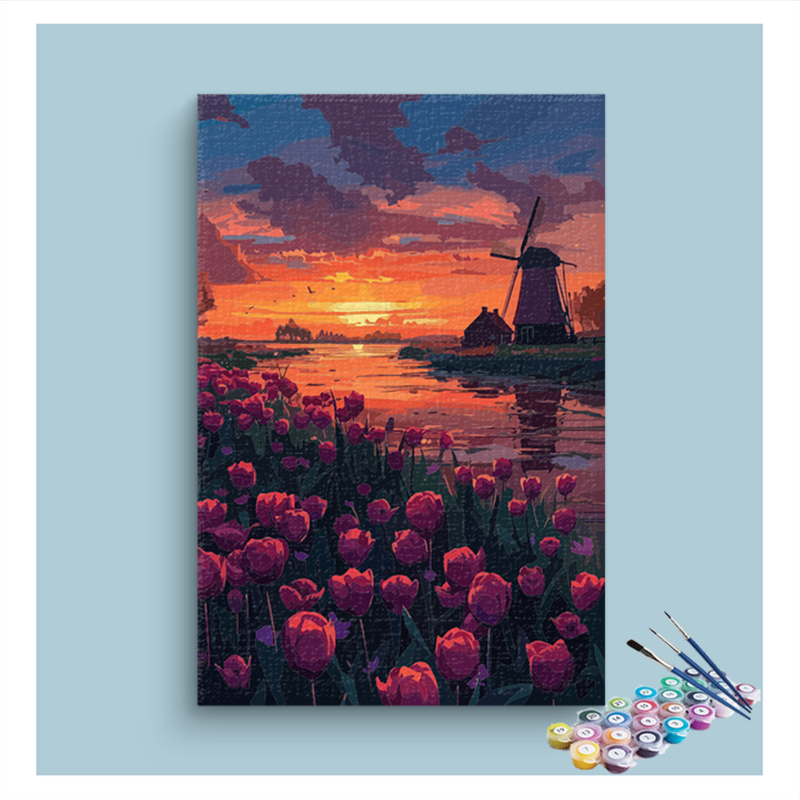 Sunset Over Tulip Fields and Windmill Paint by Numbers Kit