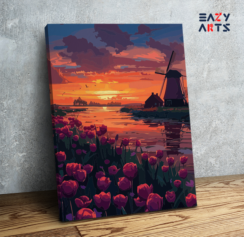 Sunset Over Tulip Fields and Windmill Paint by Numbers Kit