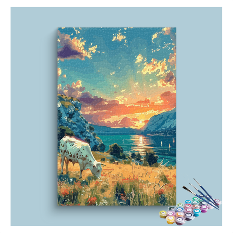 Grazing Cow by Sunset Lakeside Paint by Numbers Kit