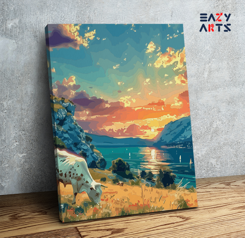 Grazing Cow by Sunset Lakeside Paint by Numbers Kit