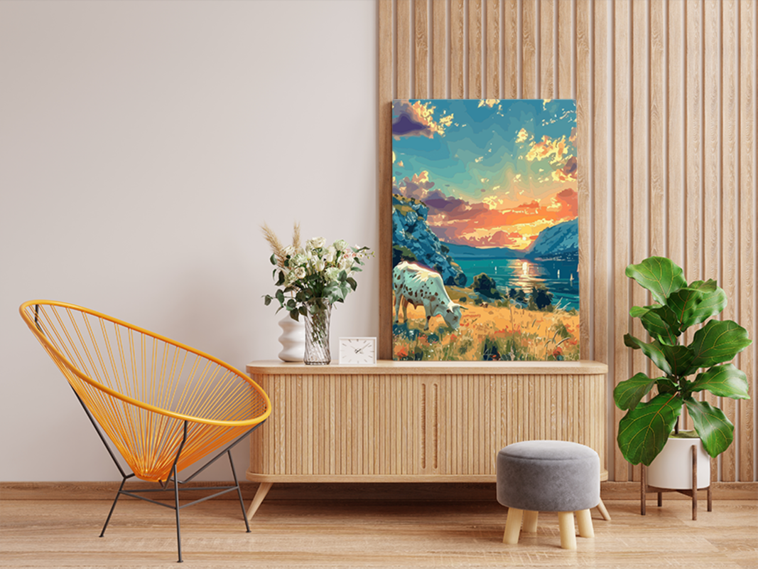 Grazing Cow by Sunset Lakeside Paint by Numbers Kit