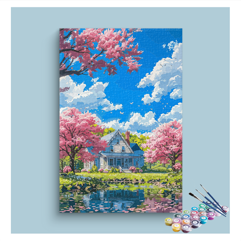 Springtime Cottage by the Lake Paint by Numbers Kit
