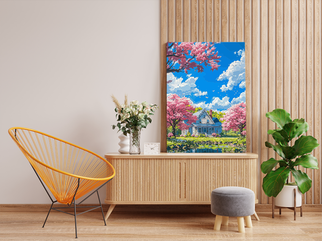 Springtime Cottage by the Lake Paint by Numbers Kit