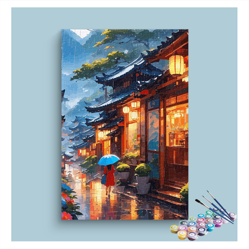 Rainy Lantern Street Paint by Numbers Kit