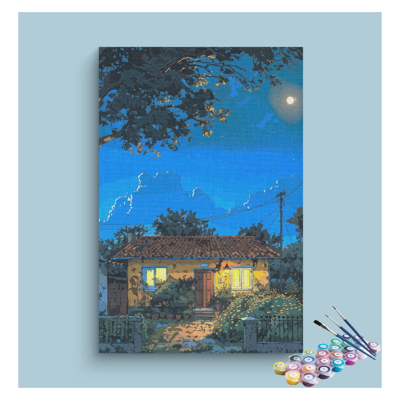 Moonlit Cottage Night Landscape Paint by Numbers Kit