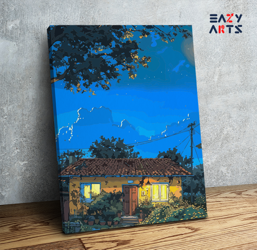 Moonlit Cottage Night Landscape Paint by Numbers Kit