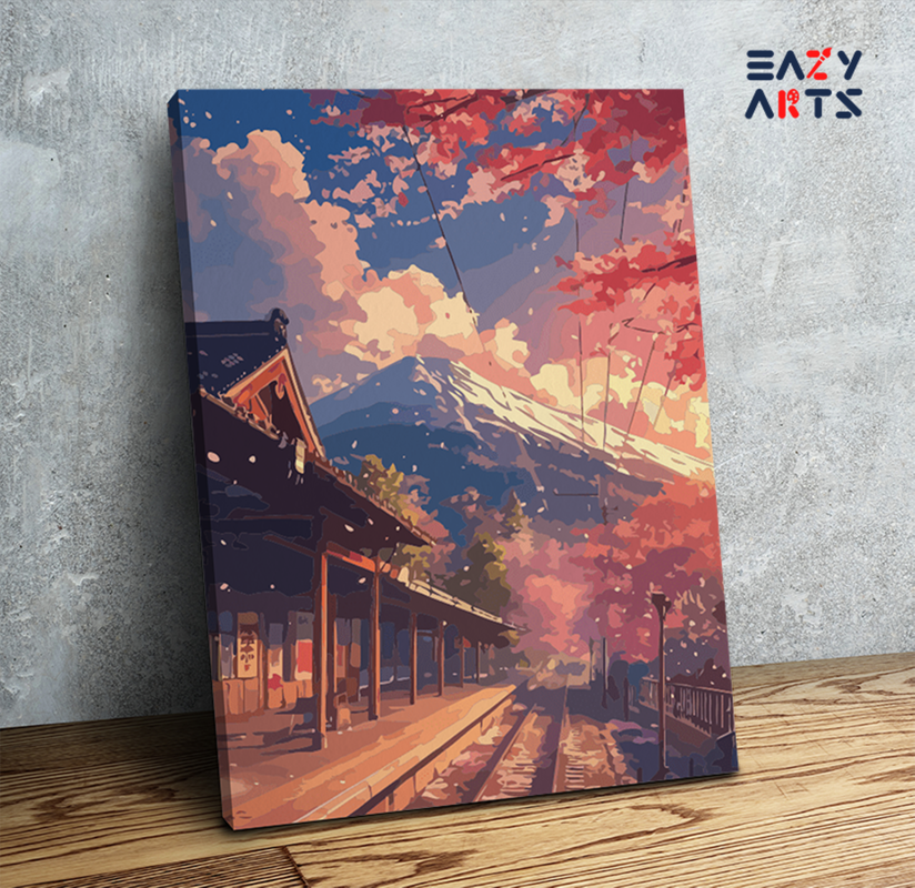 Autumn Train Station with Mountain View Paint by Numbers Kit