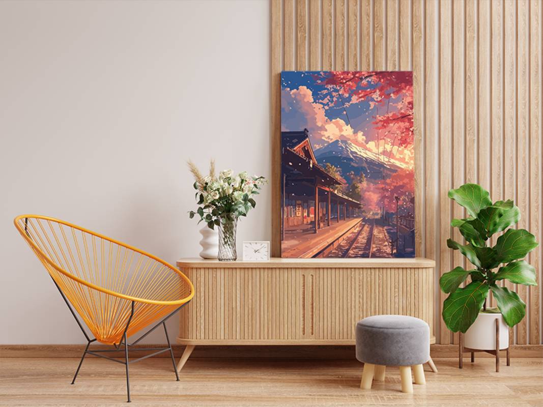 Autumn Train Station with Mountain View Paint by Numbers Kit