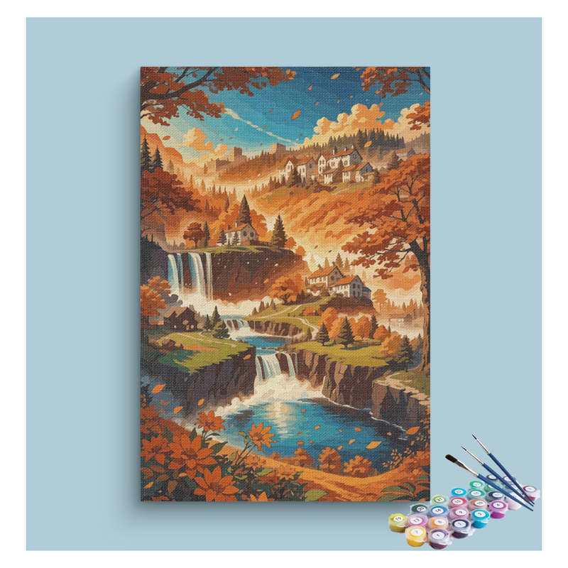 Autumn Waterfall Village Paint by Numbers Kit