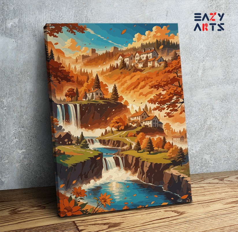 Autumn Waterfall Village Paint by Numbers Kit