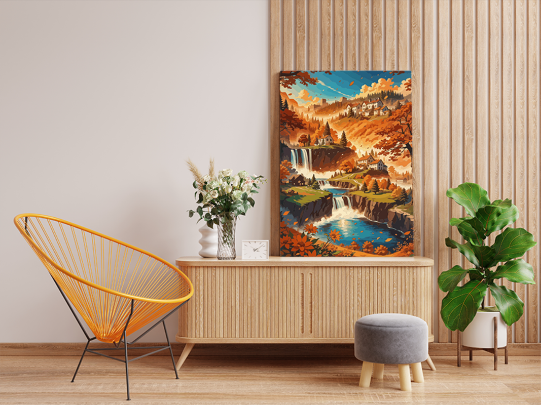 Autumn Waterfall Village Paint by Numbers Kit