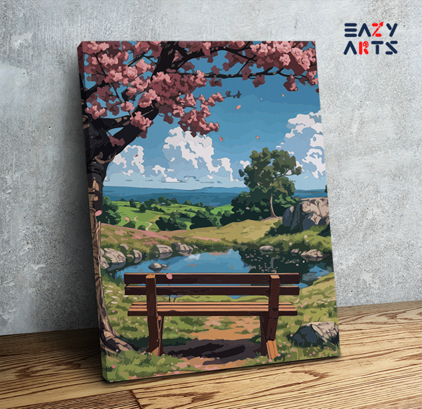 Cherry Blossom Bench View Paint by Numbers Kit