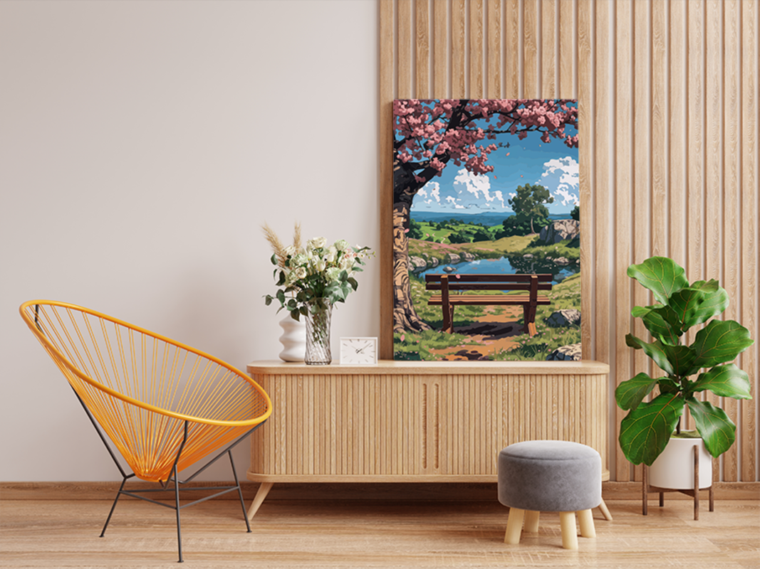 Cherry Blossom Bench View Paint by Numbers Kit