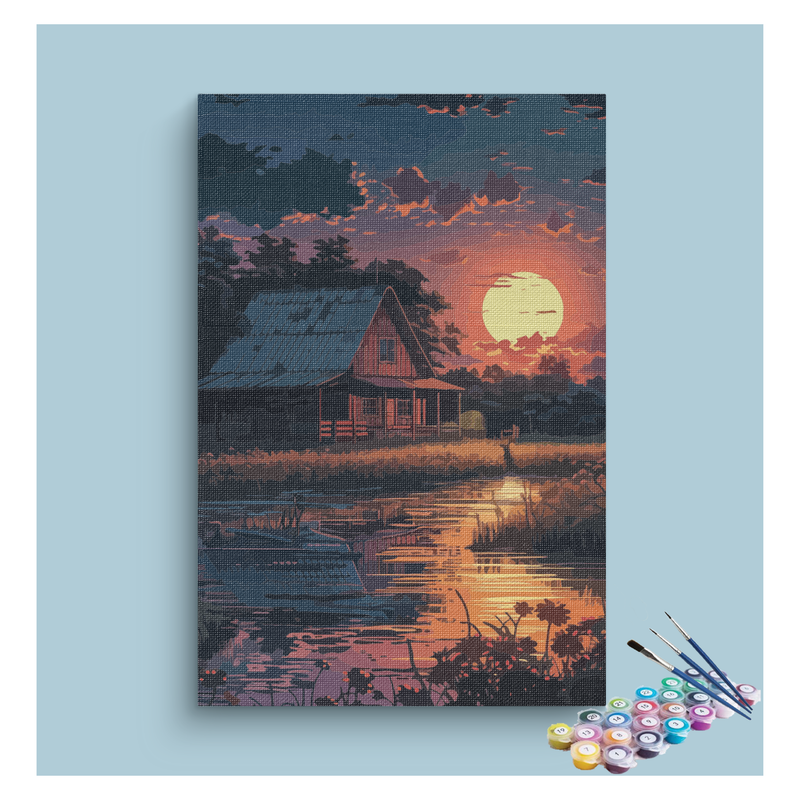 Rustic Cabin Sunset by the Lake Paint by Numbers Kit