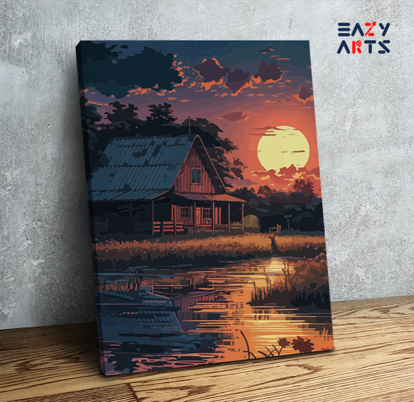 Rustic Cabin Sunset by the Lake Paint by Numbers Kit
