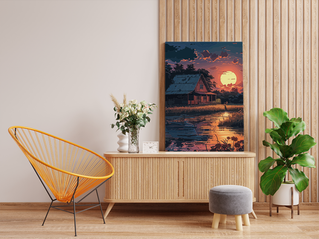 Rustic Cabin Sunset by the Lake Paint by Numbers Kit