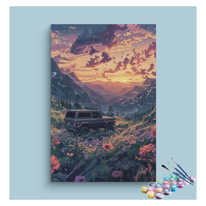 Mountain Adventure Sunset with SUV Paint by Numbers Kit