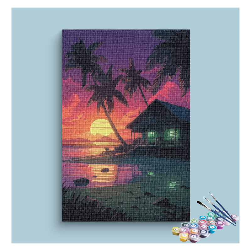 Tropical Sunset Beach Hut Paint by Numbers Kit