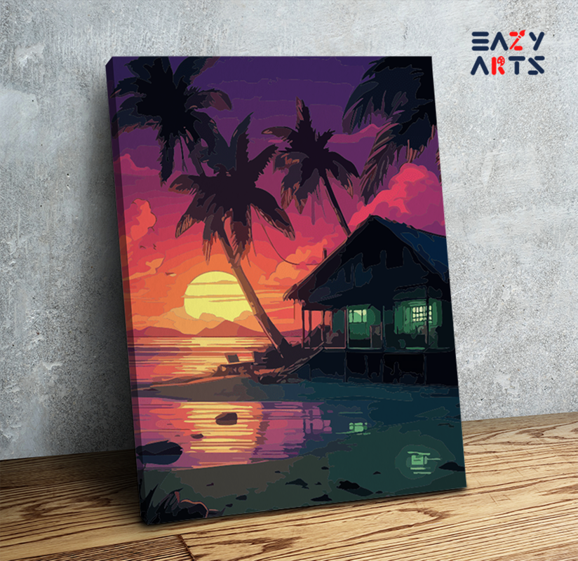 Tropical Sunset Beach Hut Paint by Numbers Kit