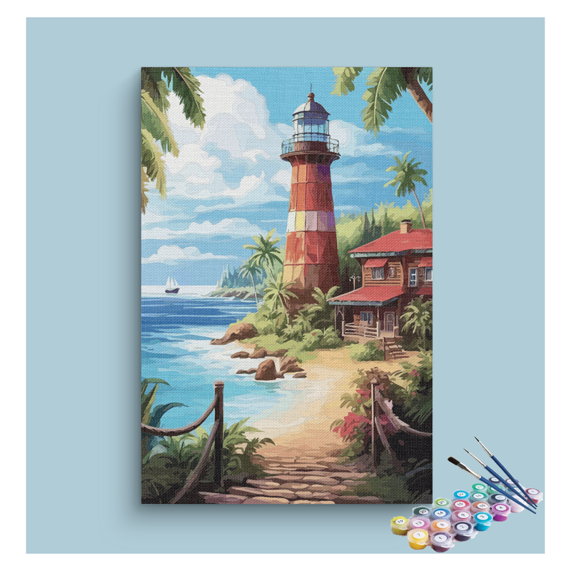 Tropical Lighthouse by the Sea Paint by Numbers Kit
