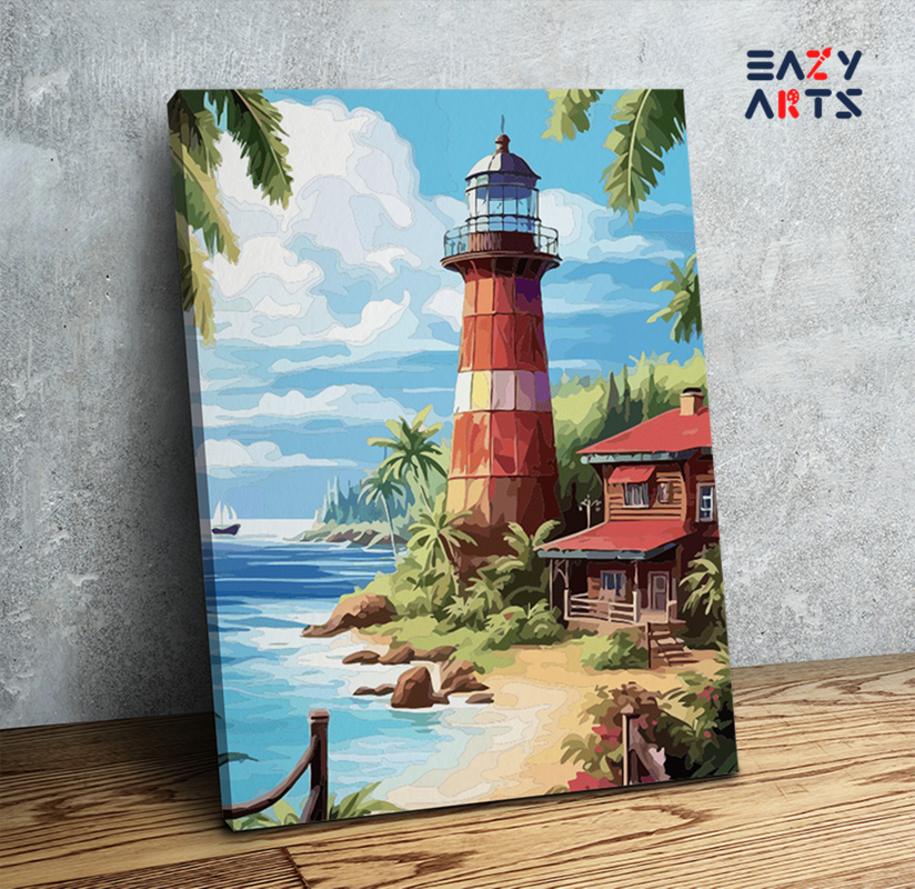 Tropical Lighthouse by the Sea Paint by Numbers Kit