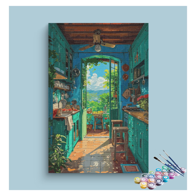 Sunlit Kitchen with Garden View Paint by Numbers Kit