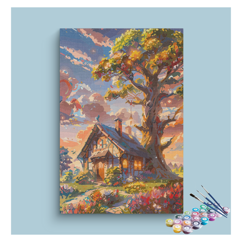 Whimsical Cottage at Sunset Paint by Numbers Kit