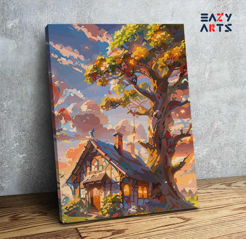 Whimsical Cottage at Sunset Paint by Numbers Kit
