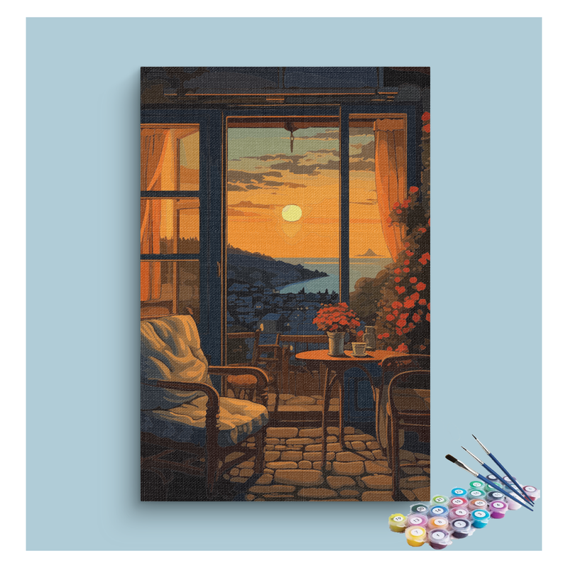 Golden Sunset View: Balcony and Horizon Paint by Numbers Kit