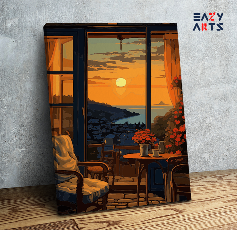 Golden Sunset View: Balcony and Horizon Paint by Numbers Kit