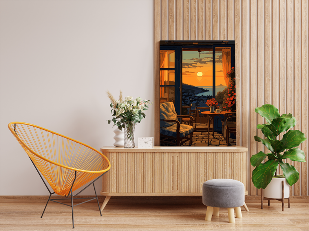 Golden Sunset View: Balcony and Horizon Paint by Numbers Kit