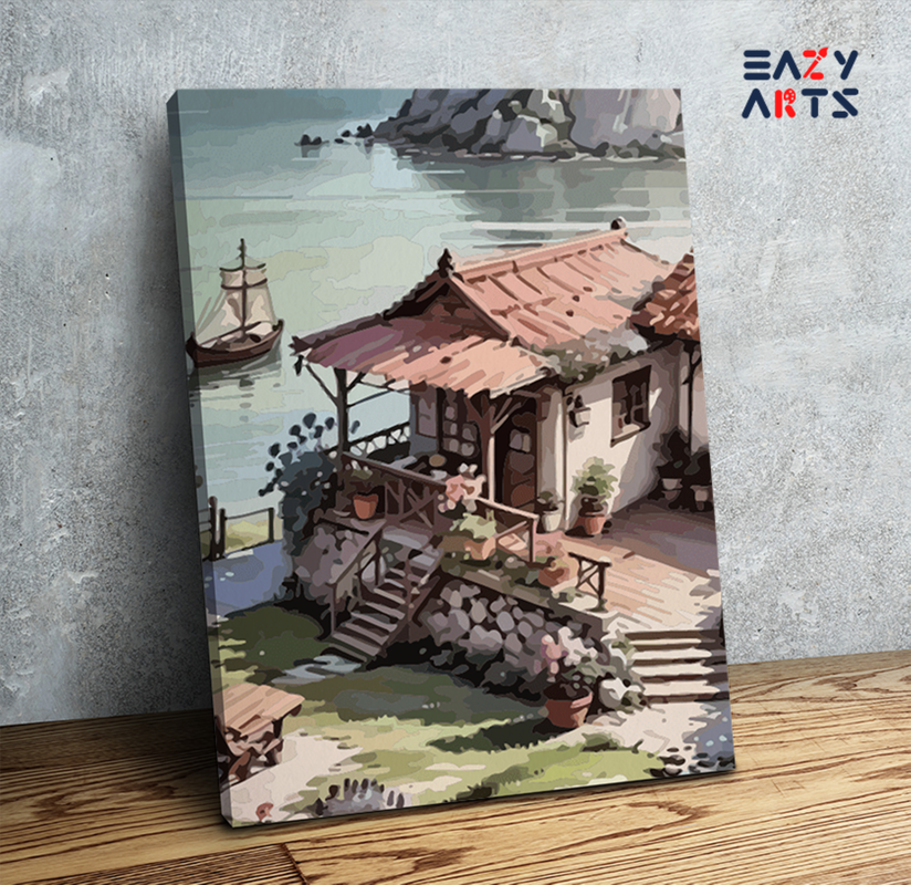 Serene Lakeside Cottage Paint by Numbers Kit