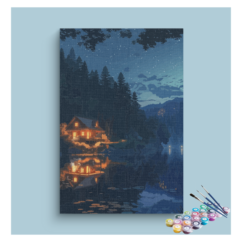 Starry Night Cabin Reflection Paint by Numbers Kit