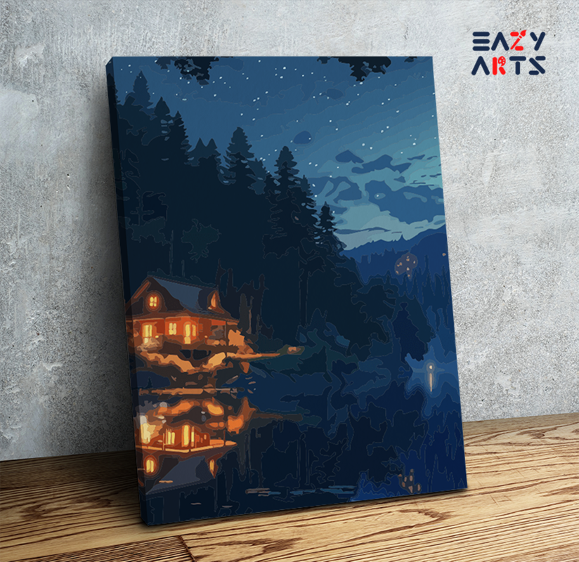 Starry Night Cabin Reflection Paint by Numbers Kit