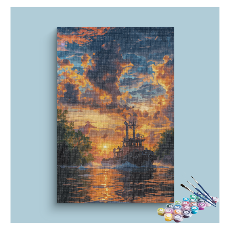 Fiery Sunset Tugboat Paint by Numbers Kit