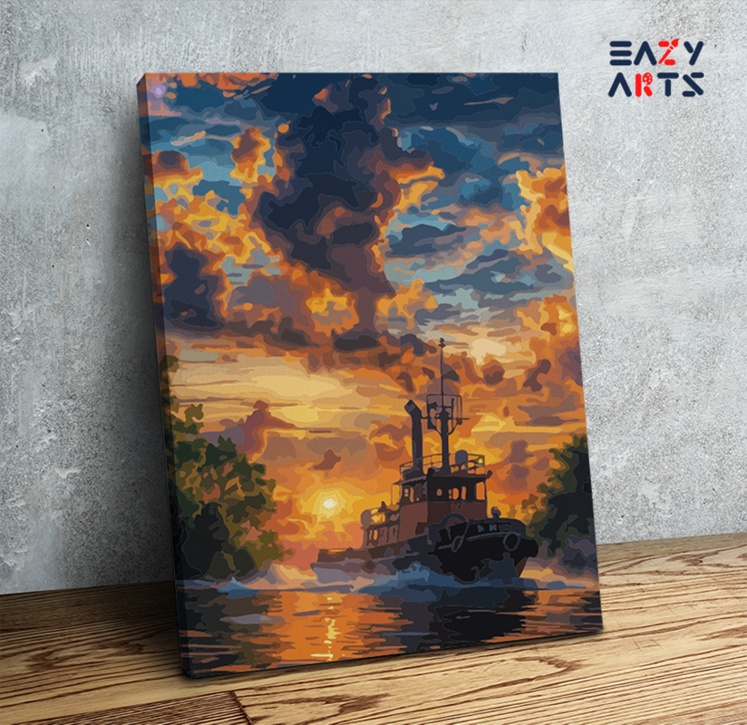 Fiery Sunset Tugboat Paint by Numbers Kit